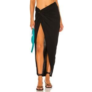Revolve OW Collection Twisted Wrap Iris Skirt Linen Solid Black Caviar Medium